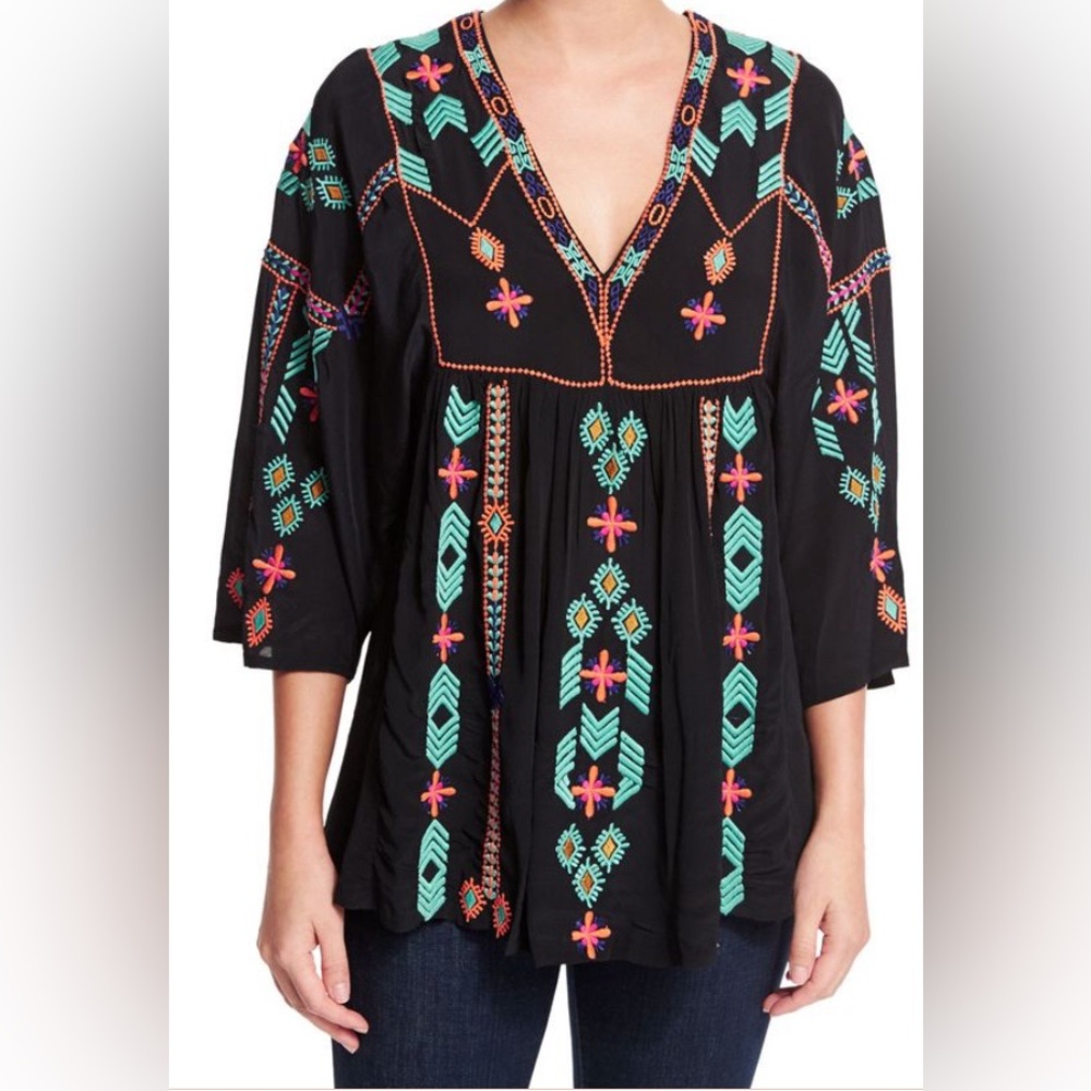Antik Batik Babah 3/4-Sleeve Embroidered Blouse, Black Small Boho